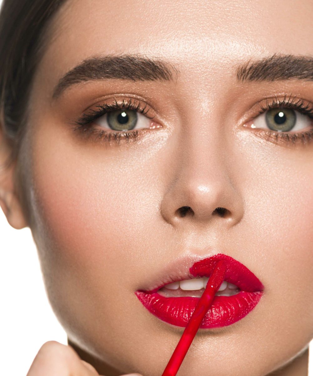 Red lips woman fashion make up beautiful eyes and face